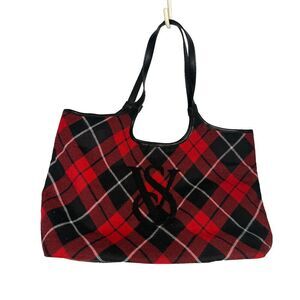 Victoria’s Secret Argyle Plaid Red Black Shopper Tote Bag VS Logo 15×11×5